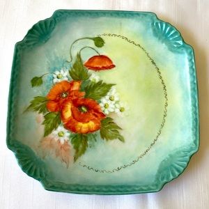 Antique porcelain hand painted square plate green & red poppy flowers 8.5”